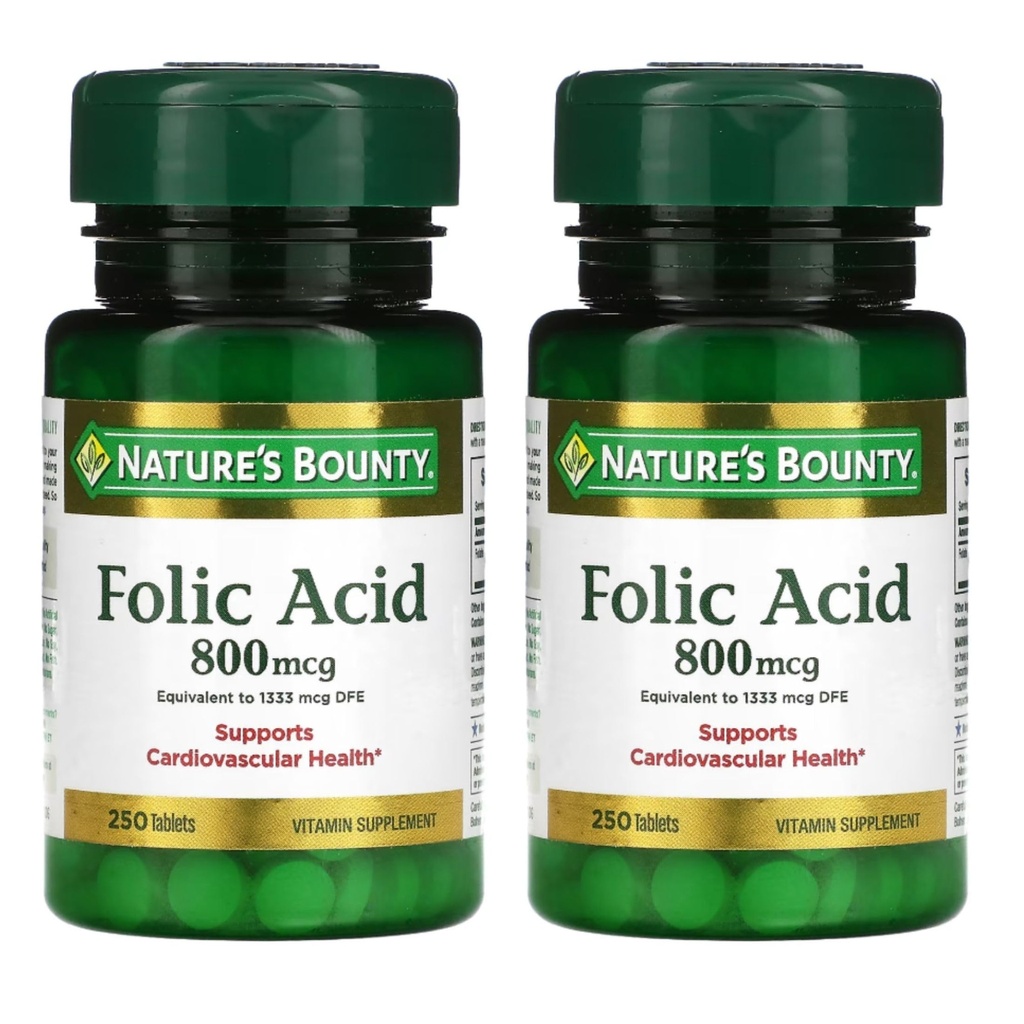 Nature's Bounty Folic Acid 800 mcg ויטמין תוסף כוח מקסימלי - 250 טבליות, Pack של 2