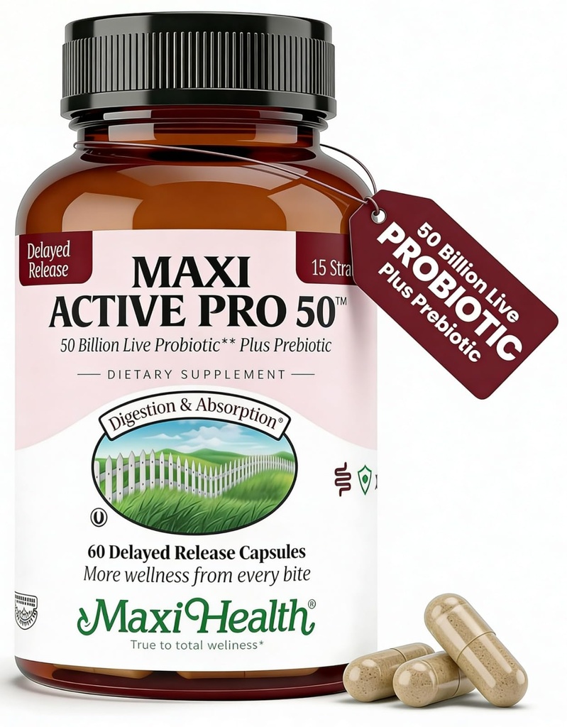 Maxi Health Probiotic Plus Ultimate Advanced Live Probiotics Formula - 50 מיליארד Live Active Probiotic - 15 Strains - Ultra Protection - Active Pro-50-60 Count