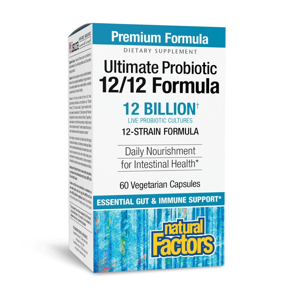 Natural Factors Ultimate Probiotic 12/12 פורמולה - תוספת לתמיכה בבריאות העיכול עם Probiotics - Immunity & Gut Health Support Supplement - 60 קפסולות צמחוניות (60 משרתים)