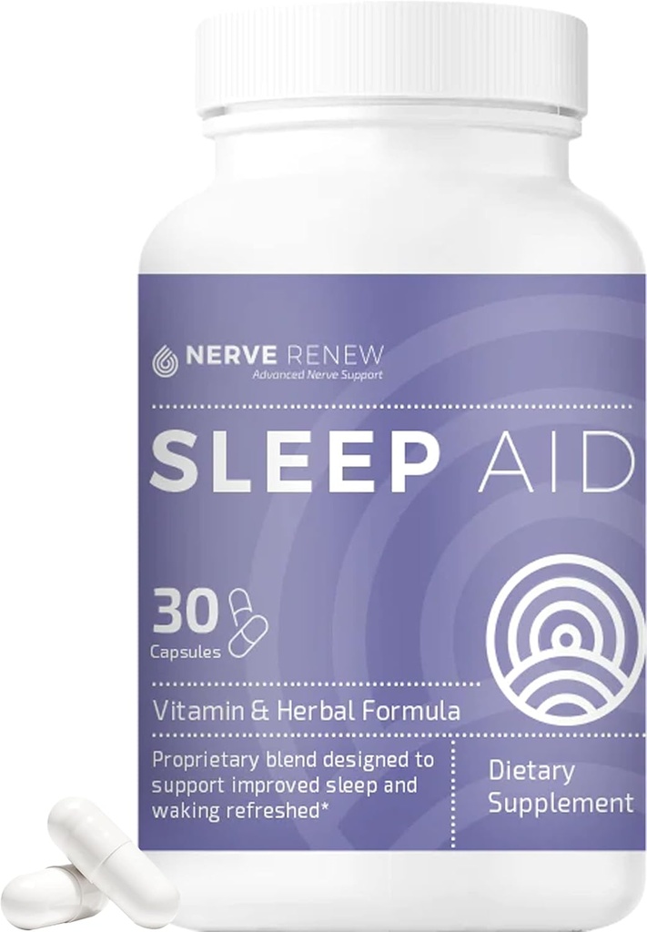 NERVE RENEW Sleep Aid - תוספת תזונתית לשינה טובה יותר - 30 קפסולות - עבודה מהירה - Gentle All-Natural Herbal ופורמולה עם מלטונין, מגנזיום, Zinc, Amino Acids, Herb Extracts
