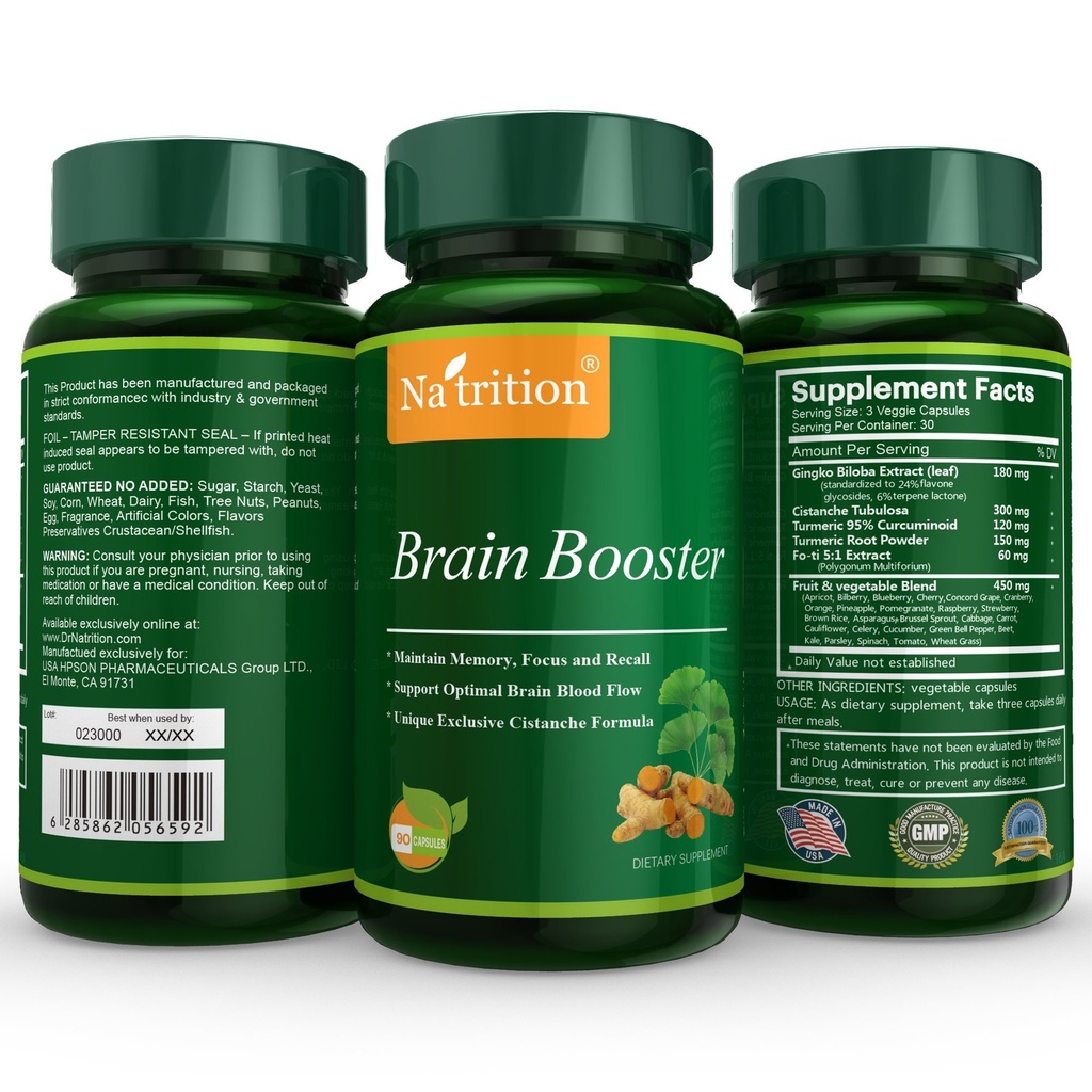 Netrition Brain Booster - ג'ינקגו בילובה, Turmeric, Cistanche Tubulosa, Fo-ti Extraction - תמיכה טבעית לתפקוד המוח - Clarity, Focus and Memory Enhance - 90 Veggie כמוסות