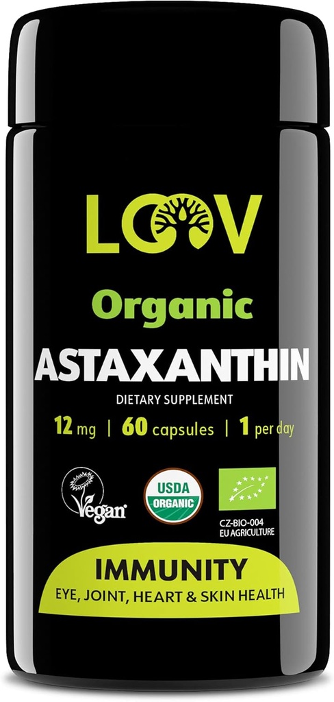 LOOV Natural Astaxanthin 12mg - 60 יום אספקה - מקס כוח אנטיחמצן - עין, משותפת, עור, חסינות - ממיקרולגה - Non-GMO, טבעוני, בר קיימא