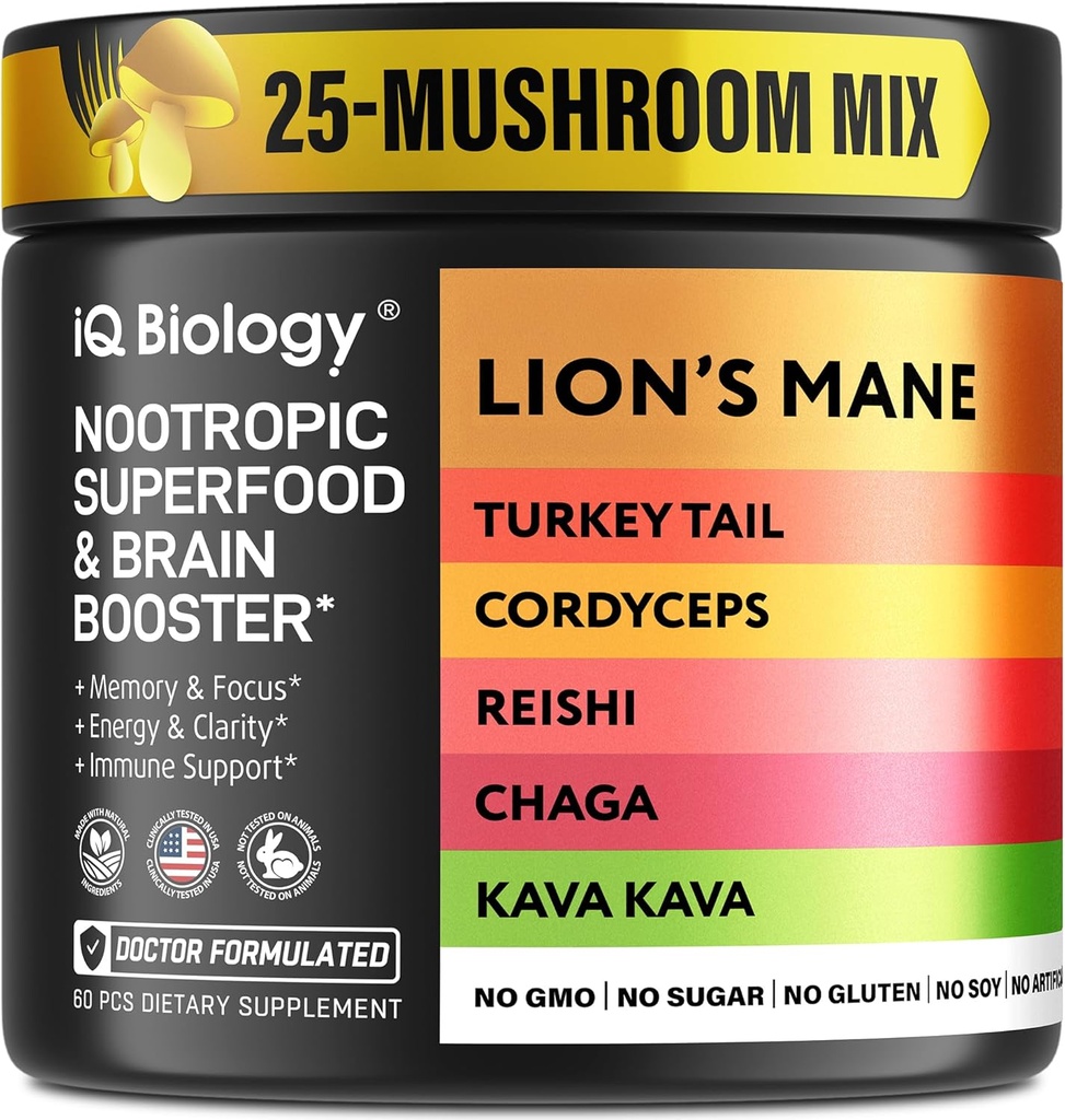 Kava Kava Root Cordyceps Lions Mane Reishi Mushroom תוסף, Nootropic Mushrooms קווה Kava, Mushroom ויטמינים לנשים, Ashwagandha, Magnesium - 60 Caps (1 Pack)