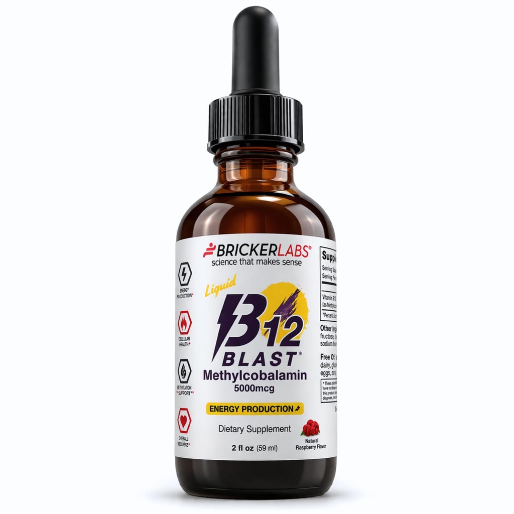 Bricker Labs B12 Blast Methylcobalamin 5000mcg, Great Tasting Sublingual Liquid Energy Vitamins -Vegan B12 Vitamins, Sustained Energy and Cellular Health Supplement - 59-Day Servings