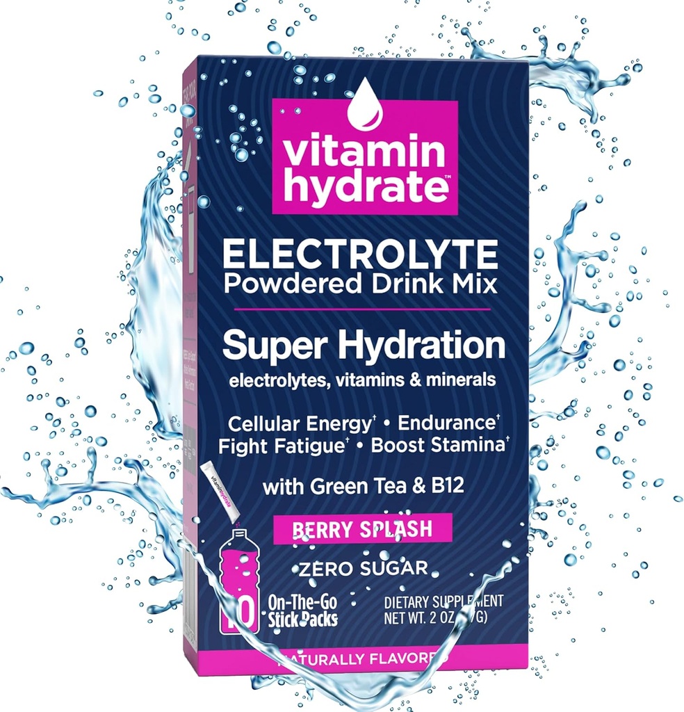 ויטמין hydrote Electrolyte אבקת שתייה Mix, Super hydrotion, Boost Stamina & Fight Fatigue, Bursting עם אלקטרוליטים, ויטמינים ומינרלים, 0 סוכר, ברי Splash, 10 Stick Packs