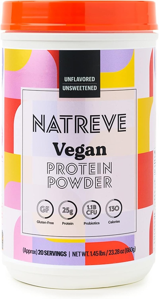 אבקת חלבון טבעוני Natreve - 25g צמחי מבוסס אבקת חלבון עם Probiotics ו Amino Acids - Gluten Free & Unflavored, 20 משרתים