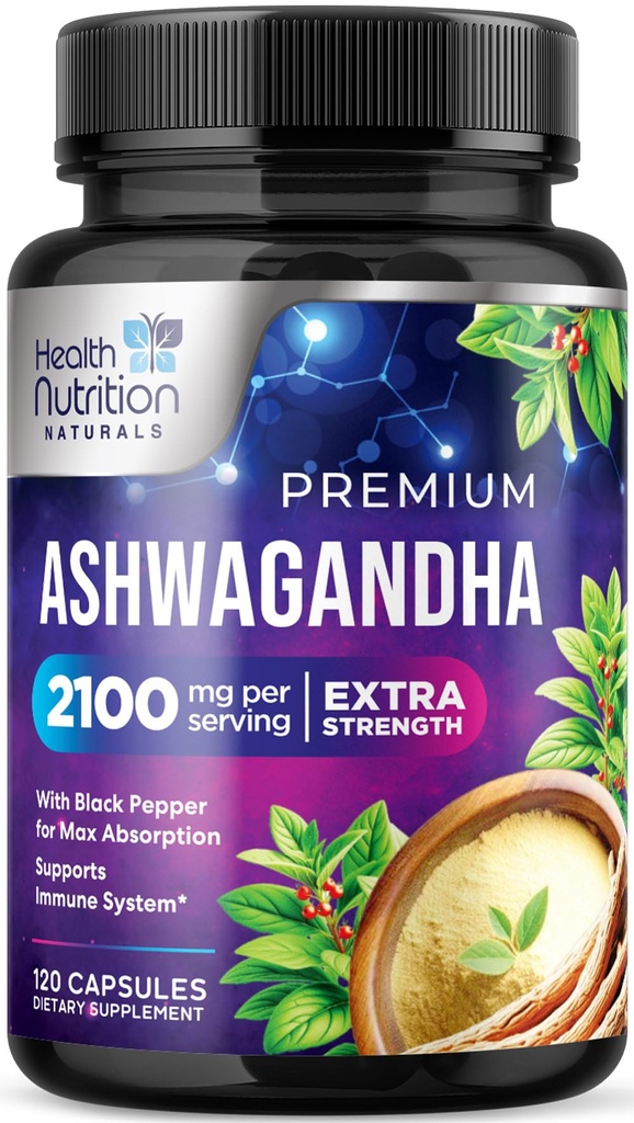 תוספי Ashwagandha - 2100mg Ashwgandha קפסולת לנשים וגברים, תמיכה טבעית נגד חמצון, Ashwa Root Extract, תוספת כוח תמיכה עם Black Pepper, טבעוני וגלוטן חינם - 120 קפסולות