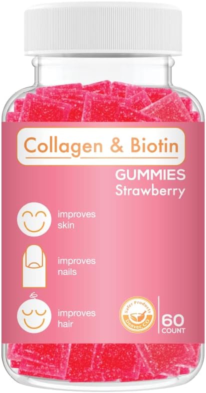 קולגן biotin Gummies - תומך שיער, Skin & Nails שיער צמיחה אנטי Aging Care Chewable Gummy ויטמינים, טבעוני, non-GMO, Gluten Free, Gelatin Strawberry פלמור 60 הרוזן, פינק ורוד