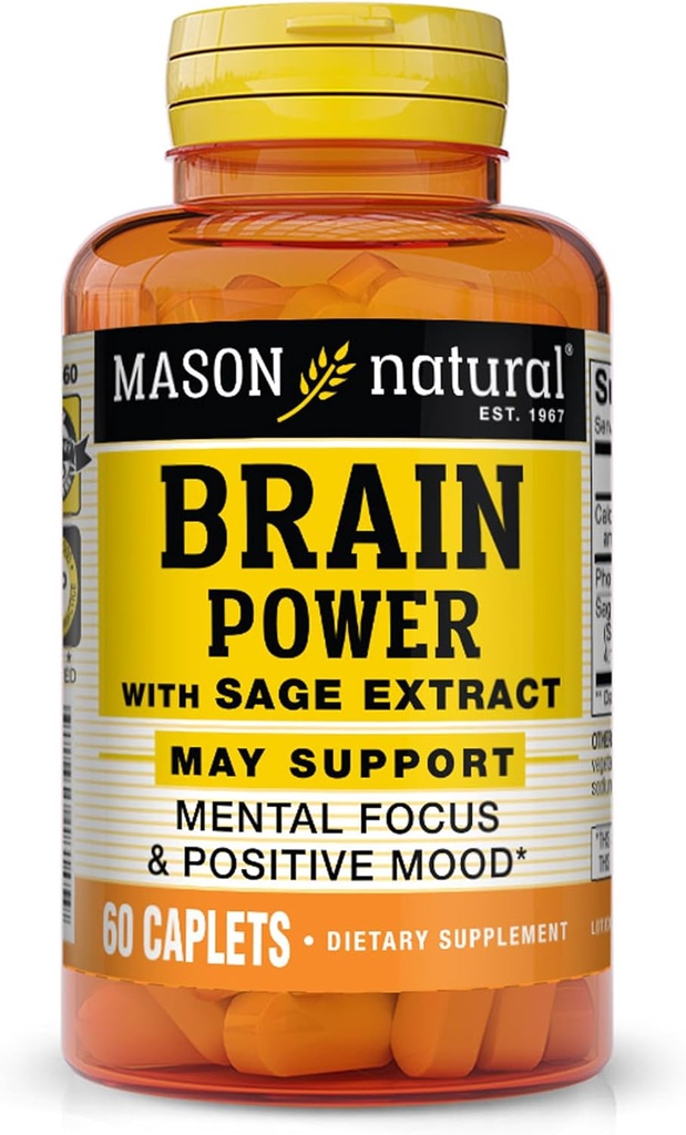 MASON NATURAL Brain Power with Sage Extract & Calcium, תוספת יומית עבור תמיכה נפשית רגילה פוקוס ו Mood, 60 יום אספקה