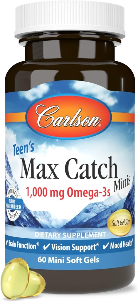 קרלסון - Max Catch Minis, 1000 מ"ג אומגה 3s, Brain Health, Vision Support, Mood Health, 60 Softgels