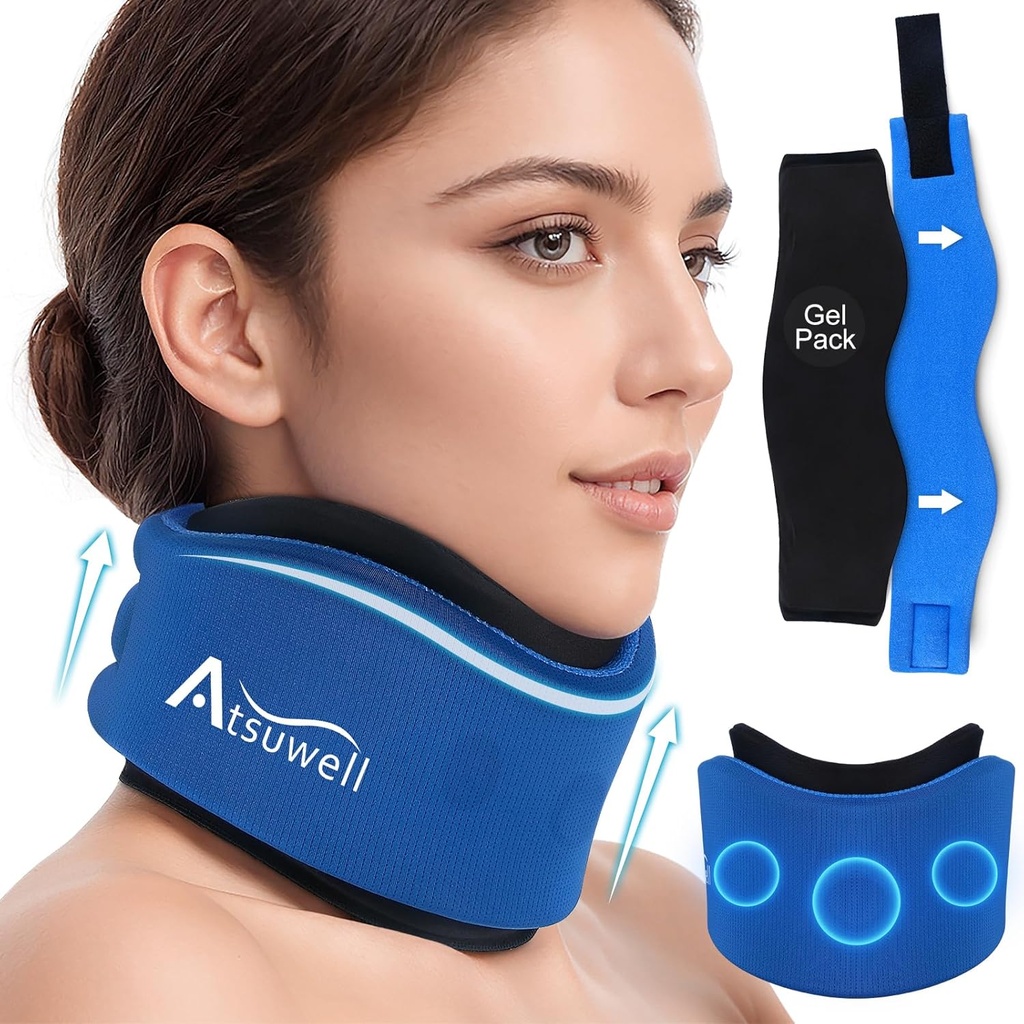 Atsuwell Neck Brace for Sleep, Soft Cervical צווארון לתמיכה, תמיכה בצוואר מותאם עם Hot Gel Packs Reusable עבור לחץ Office, Fatigue, Blue