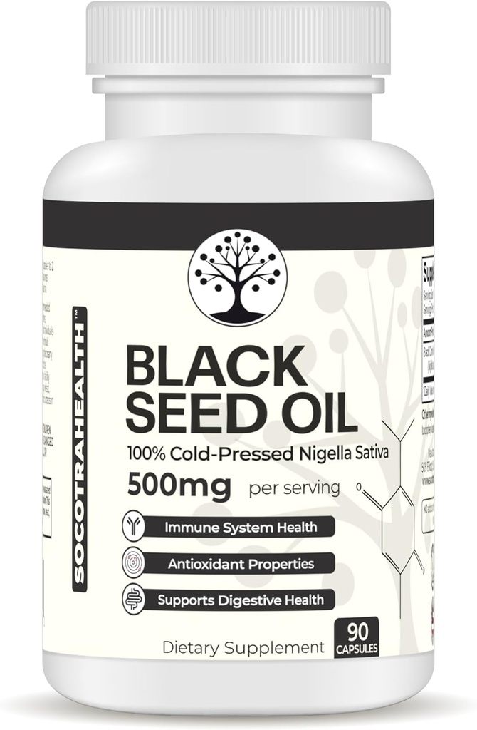 Black Seed Oil - 100% Cold-Pressed Black Cumin Nigella Sativa - Antioxidant, Immune ו- Digestive System Support - Non-GMO, Gluten Free - 500 מ"ג ל- 90 קפסולות טבעוניות