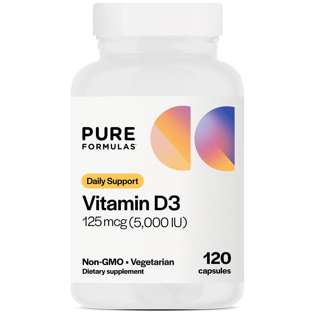 PureFormulas ויטמין D35,000 IU 125 mcg - תוסף ויטמין D טהור לצורות עצמות בריאות, שיניים, בריאות קרדיווסקולרית, ו- Immune Support non-GMO - 120 קפסולות צמחוניות ספירה