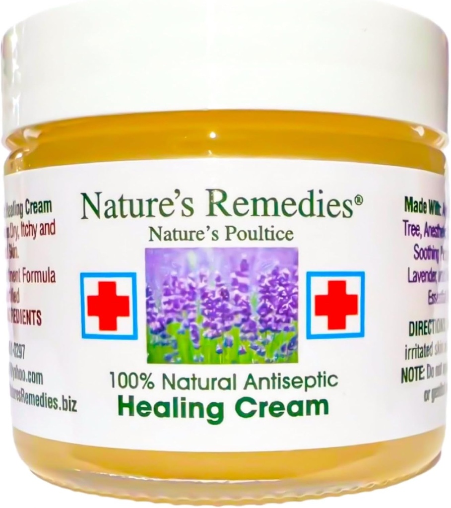 "100% קרם ריפוי אנטיספפטי טבעי" Heals ו Soothes infected Skin, Bed Sores, Stress Sores, Wounds, Painful Ulcers, Itching, Scrapes, Rashes, Cuts, Burns, הרעל Ivy, Eczema, Psoria 2 oz.