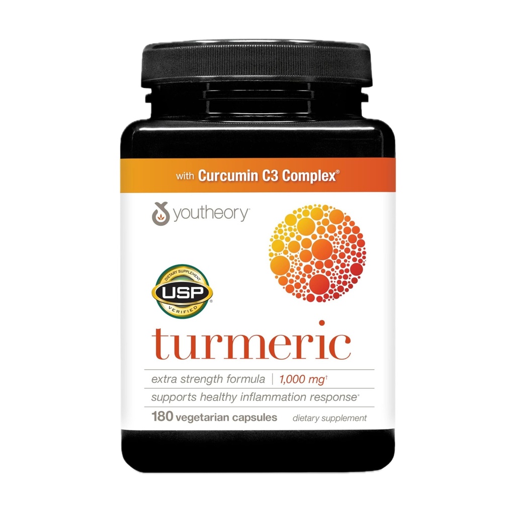 Youtheory Turmeric תוספת כוח - 1000 מ"ג תוסף Turmeric - עם 10 מ"ג שחור פפר - תמיכה משותפת Curcumin * - Soy, Milk & Gluten חינם - 180 קפסולות צמחוניות