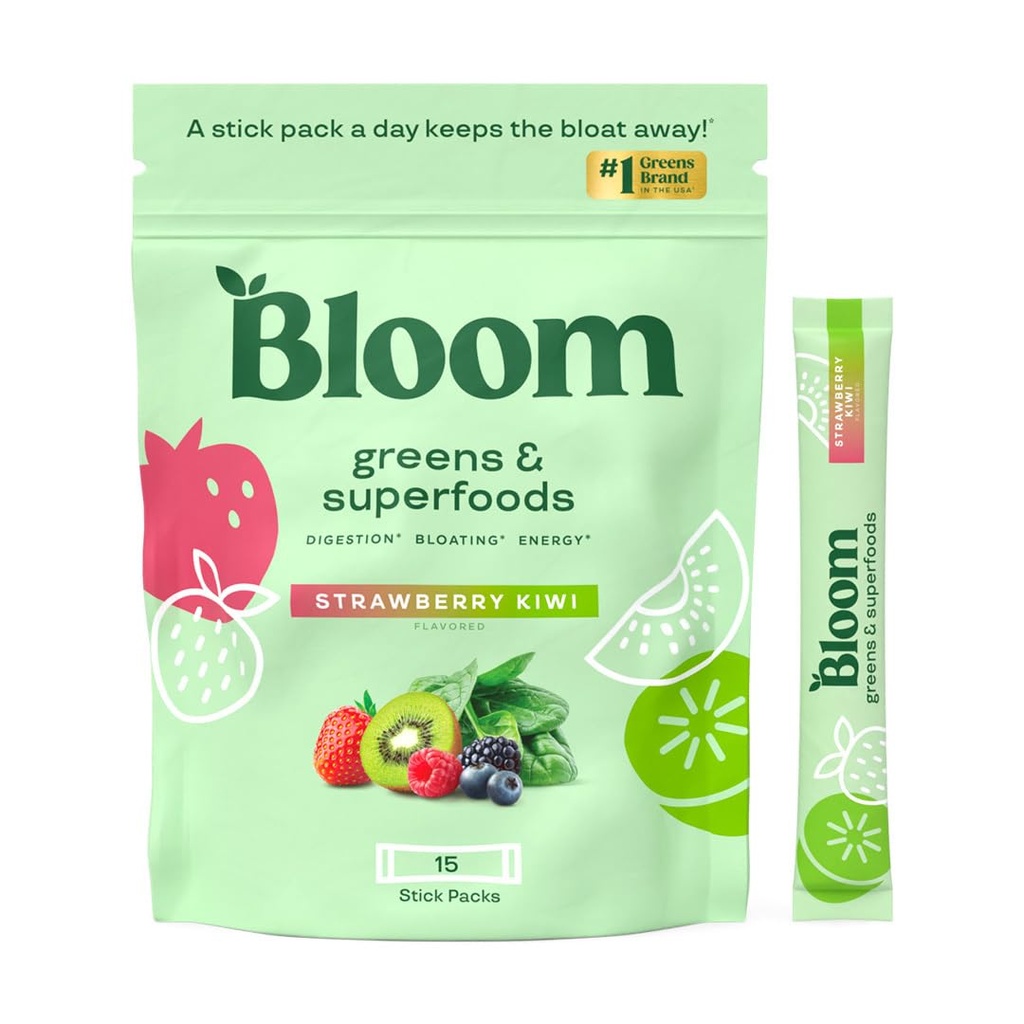 Bloom Nutrition Superfood Greens אבקת, Enzymes עם Probiotics ו Prebiotics, Gut Health, Bloating Relief for Women, Chlorella, Green Juice Mix wt Root אבקה, 60 SVG, Strawberry קיווי