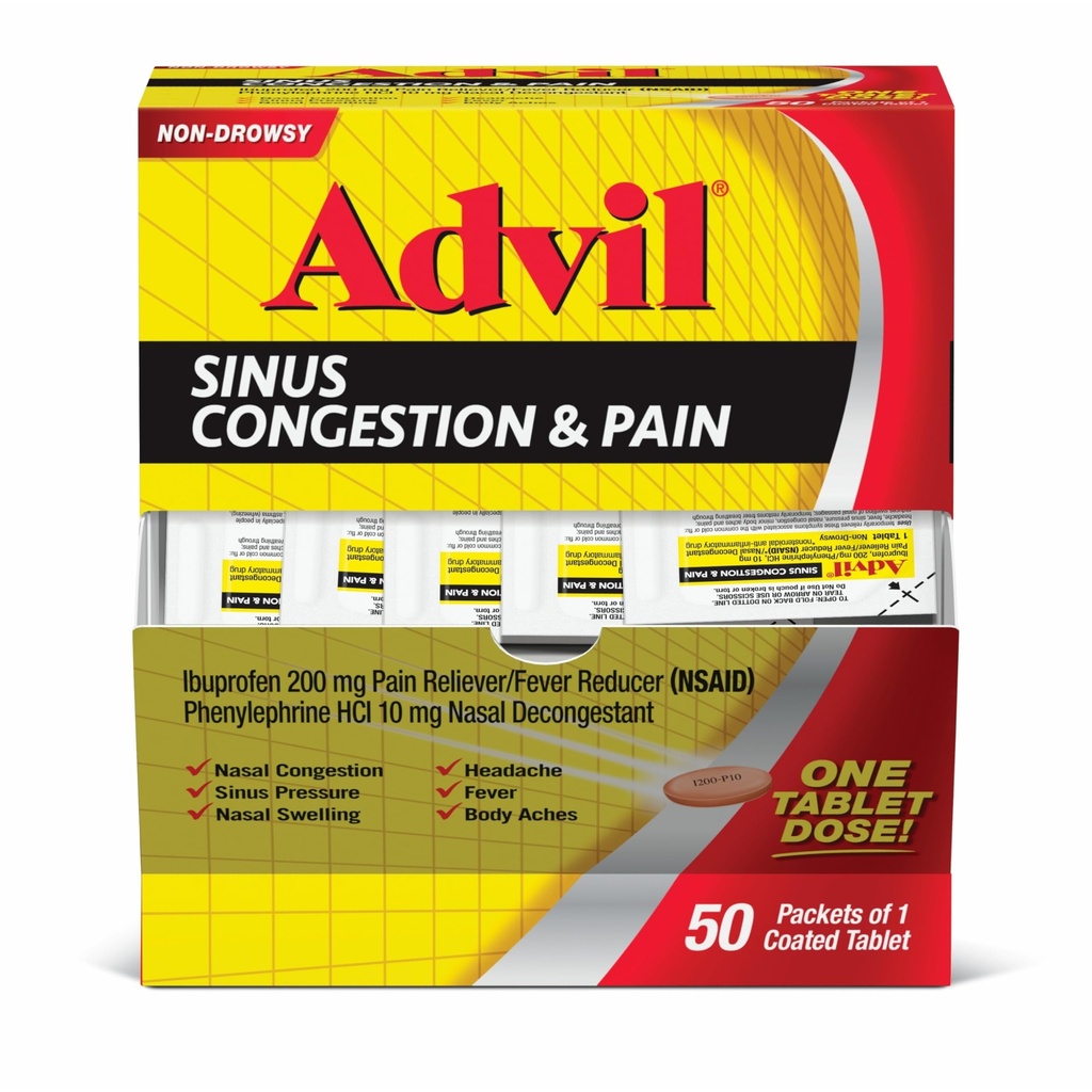 עו"ד Sinus Congestion and Pain, Sinus Relief Medicine, Pain Reliever and Fever reductioner with Ibuprofen and Phenylephrine HCl - 50 טבליות coated