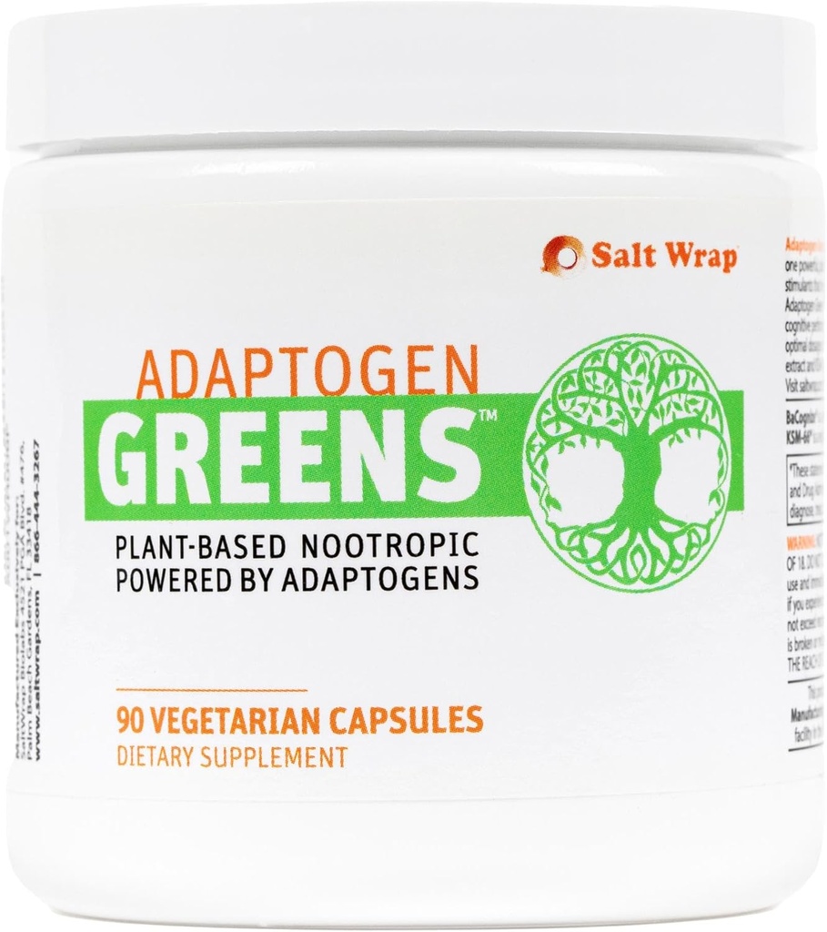 SaltWrap Fitogen Greens - Mind-Body Resilience Formula - Caffeine-Free Nootropic for Stress, Focus and Cognitive Performance - 90 קפסולות