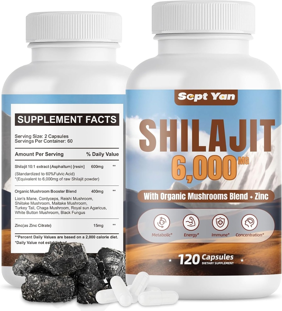 קפסולות ההימלאיה Shilajit - תוסף אורגני טהור עם Mushrooms בלגן, Zinc - 2 חודשים אספקה עבור כוח, Stamina, Brain & Immune Health - Shilajit for Women & Men Count 120 טבעוני