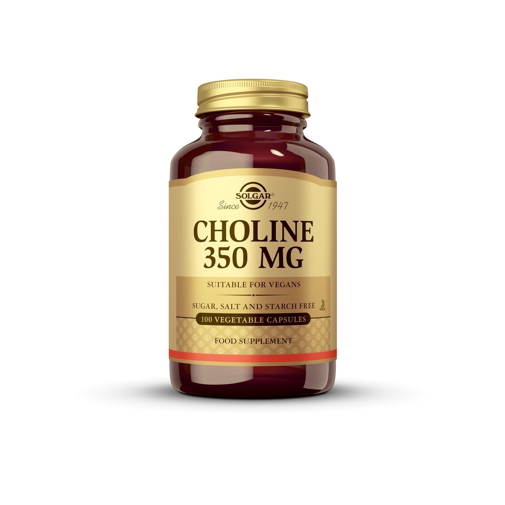 Solgar Choline 350 מ"ג - 100 קפסולות ירקות, אריזה של 2 - Non-GMO, טבעוני, כשר - 200 המשרתים המלאים