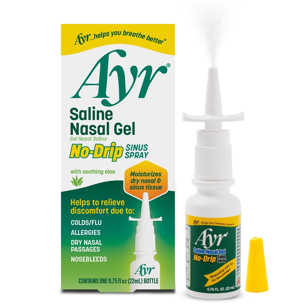 Ayr Saline Nasal Gel No-drip Sinus Spray with Soothing Aloe Vera, 0.75 F Oz Spray, (Pack of 1)