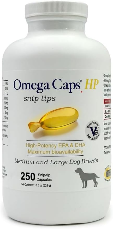 אומגה Caps HP Snip Tips for Medium and Large Dogs High Potency EPA ו- DHA תוסף שמן ביו-זמינות מקסימלי שמן שמן שמן Vet פורמולה נעשה בארה"ב Skin Coat Joint and Heart Health 250 קפסולות