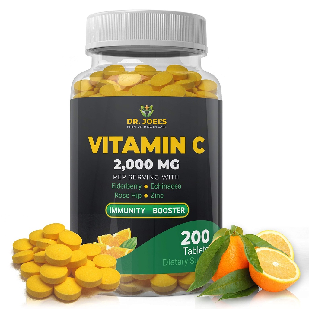 ד"ר JOEL'S Immune Support ויטמין C 2000 מ"ג - 200 טבליות - עם Zinc, Elderberry, Rose hip, Echinacea - Boosts Immune System - מיוצר בארה"ב