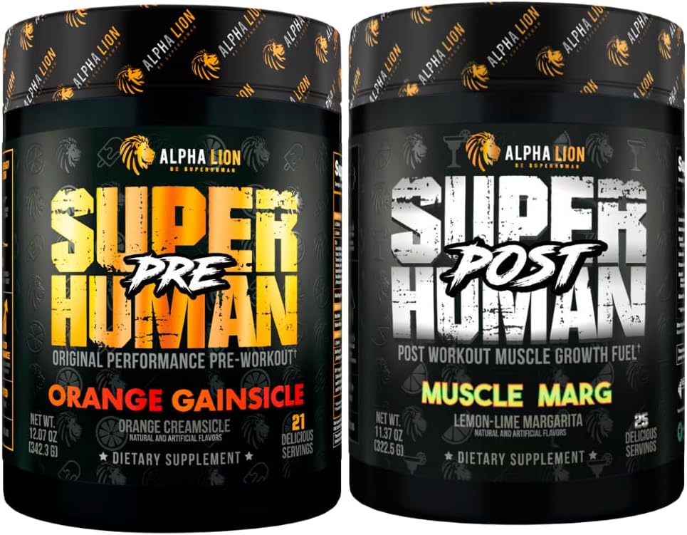 ALPHA LION Superhuman Pre Workout אבקת & Post Workout Recovery Bundle, Sustained Energy & Focus + Lean שריר צמיחה, כוח וכרך (Hulk Juice & Gainy סמית אפל)