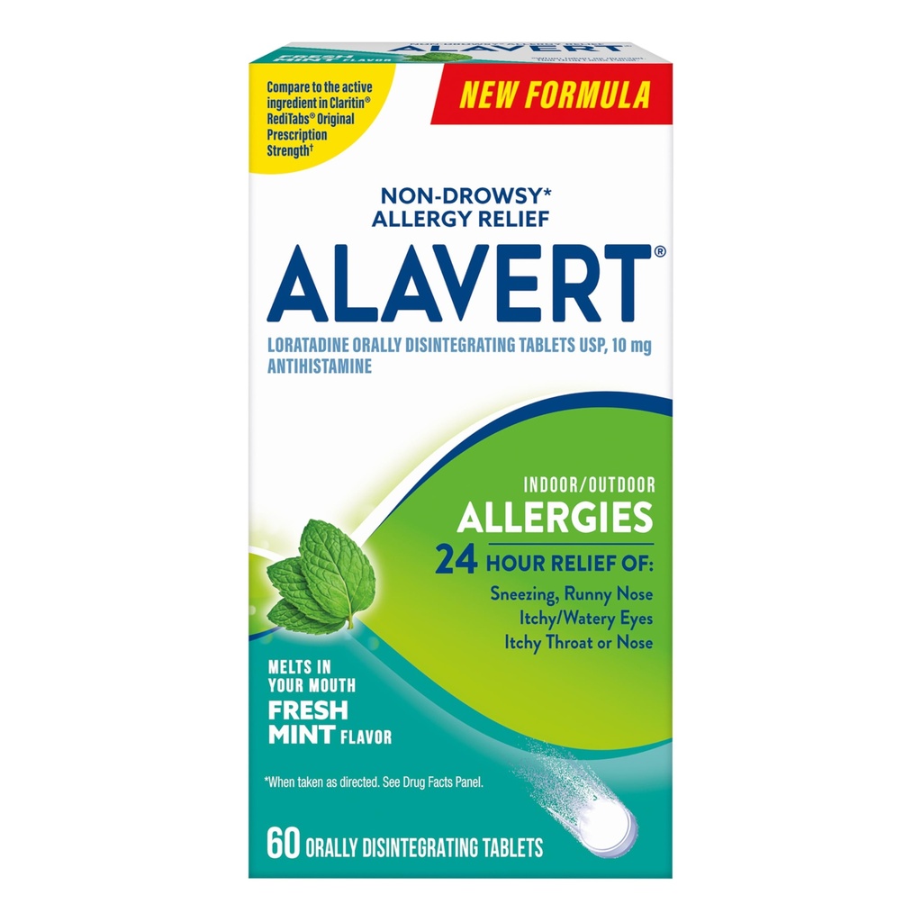 Alavert Allergy 24 Hour Relief, Fresh Mint Flavor, Orly Disintegrating Allergy Tablet, non-drowsy Antihistamine, Loratadine 10 מ"ג, 60 הרוזן
