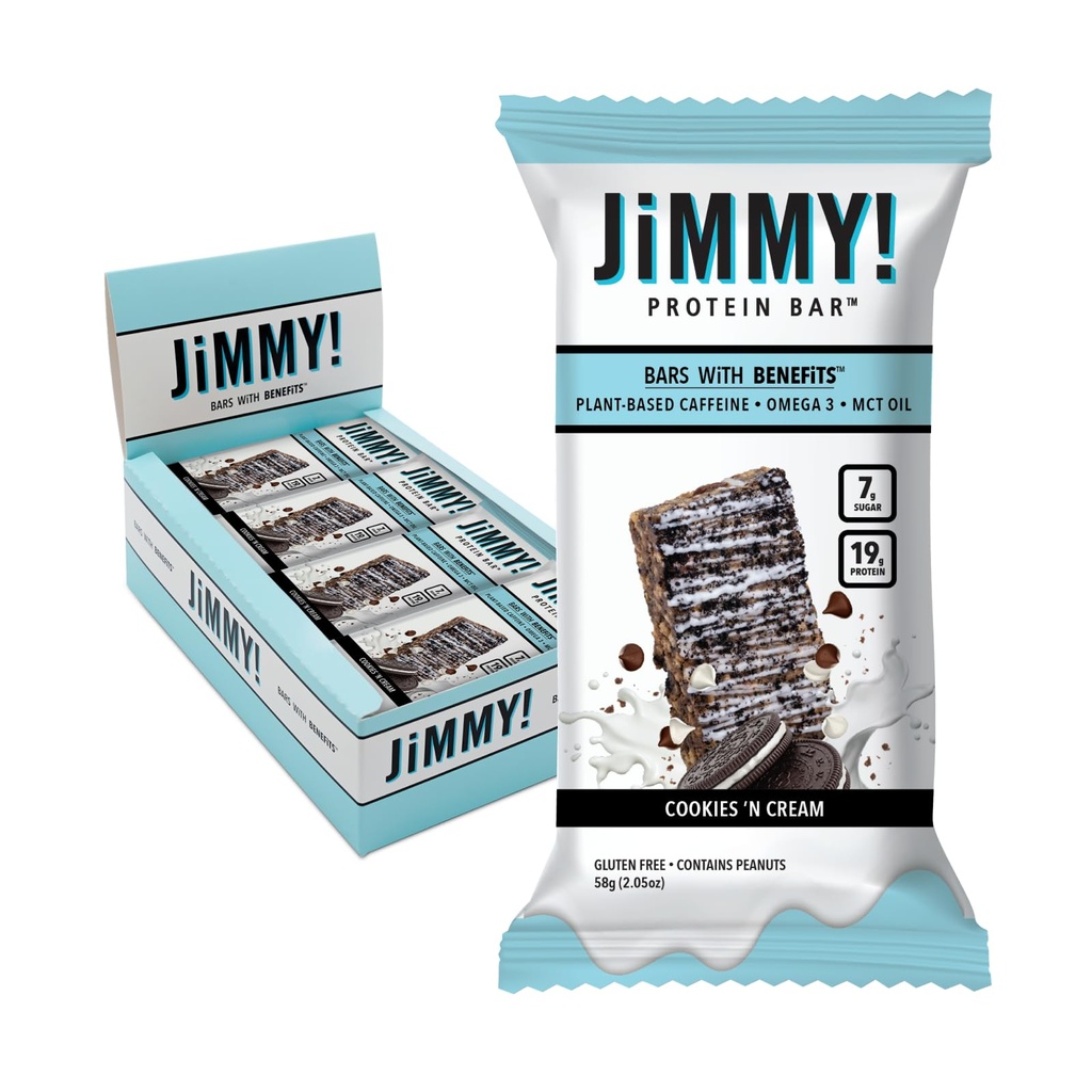 JMMYBAR! - Cookies N Cream חלבונים Bars 19g חלבון בר - 7g Low Sugar - 12 Count - 58g Health Bars - חטיף פונקציונלי עם חומרים מזון אמיתי - שוקולד מותש יד - Made with Real Peanuts