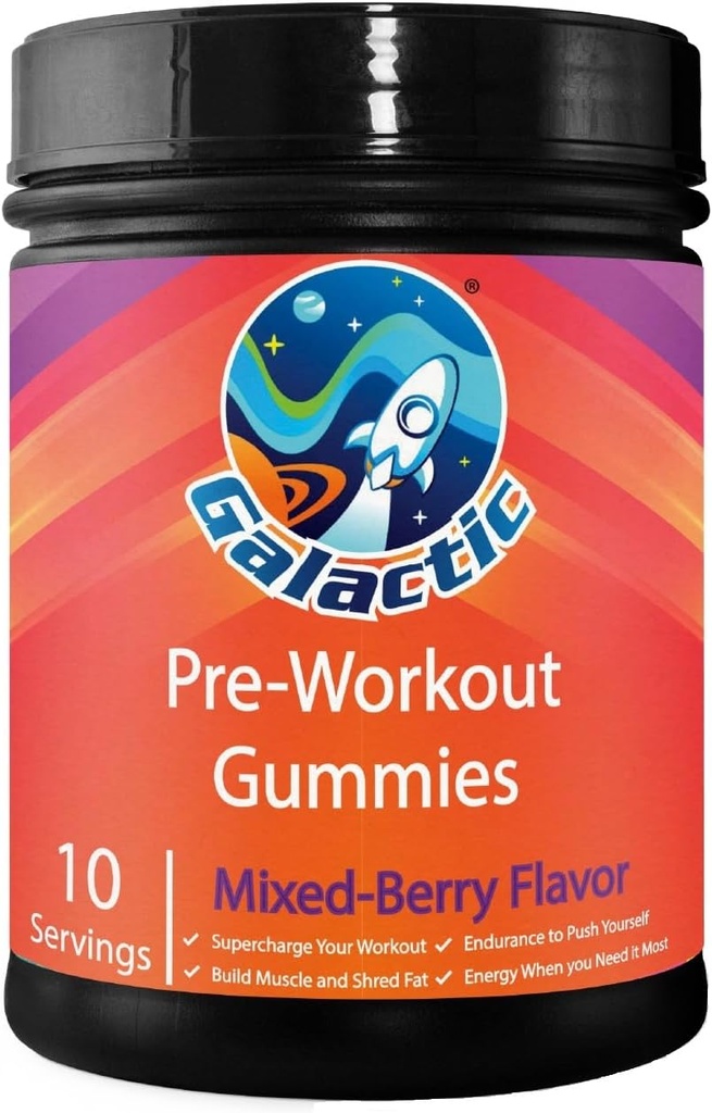 גלקטית Pre-Workout Gummies, All Natural, 250mg Caffeine, Beta-Alanine, L-Citrulline, L-theanine, Chromium Picolinate, 10 משרתים