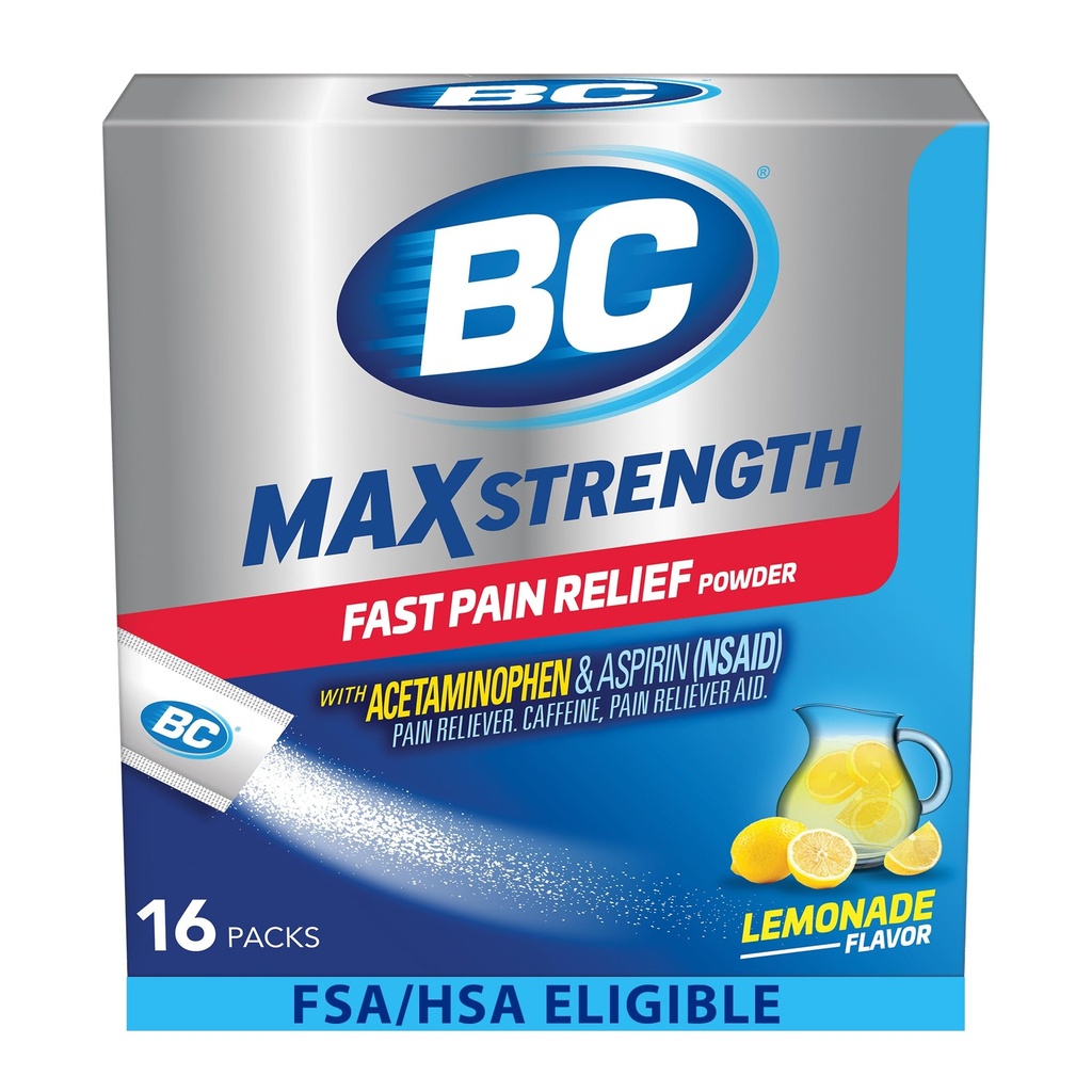 BC MAX חיזוק מהיר כאב אבקה, Lemonade Flavor Aspirin 500 מ"ג ו Acetaminophen 500 מ"ג Dissolve Packs, 16 Count