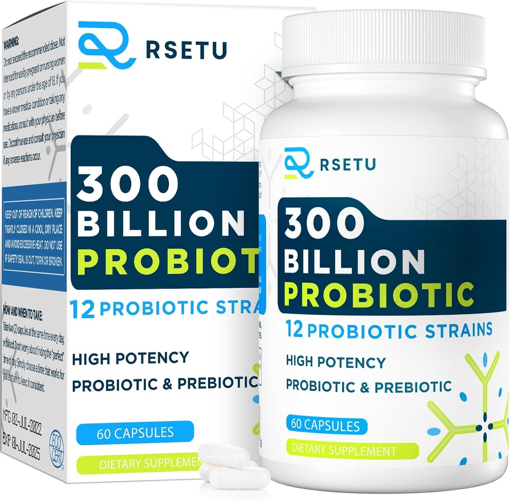 Probiotics for Women Men: 300 מיליארד CFU Probiotic High Potency + 12 סטרינס אורגני פרוביוטיקה עם Prebiotics, Daily Probiotic תוסף for Digestive, Gut, Immune ו- Bloating Health, 60 קפסולות