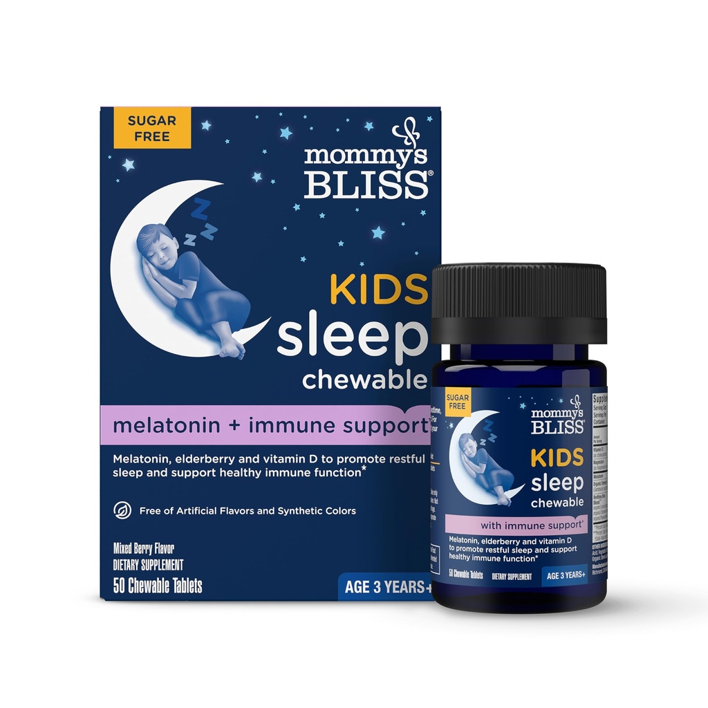 אמא's Bliss Kids Sleep + Immunity 1 מ"ג Melatonin Chewable, Contains Magnesium, Elderberry, ויטמין D, סוכר חינם, 3 שנים +, 1 בקבוק (50 טבליות)
