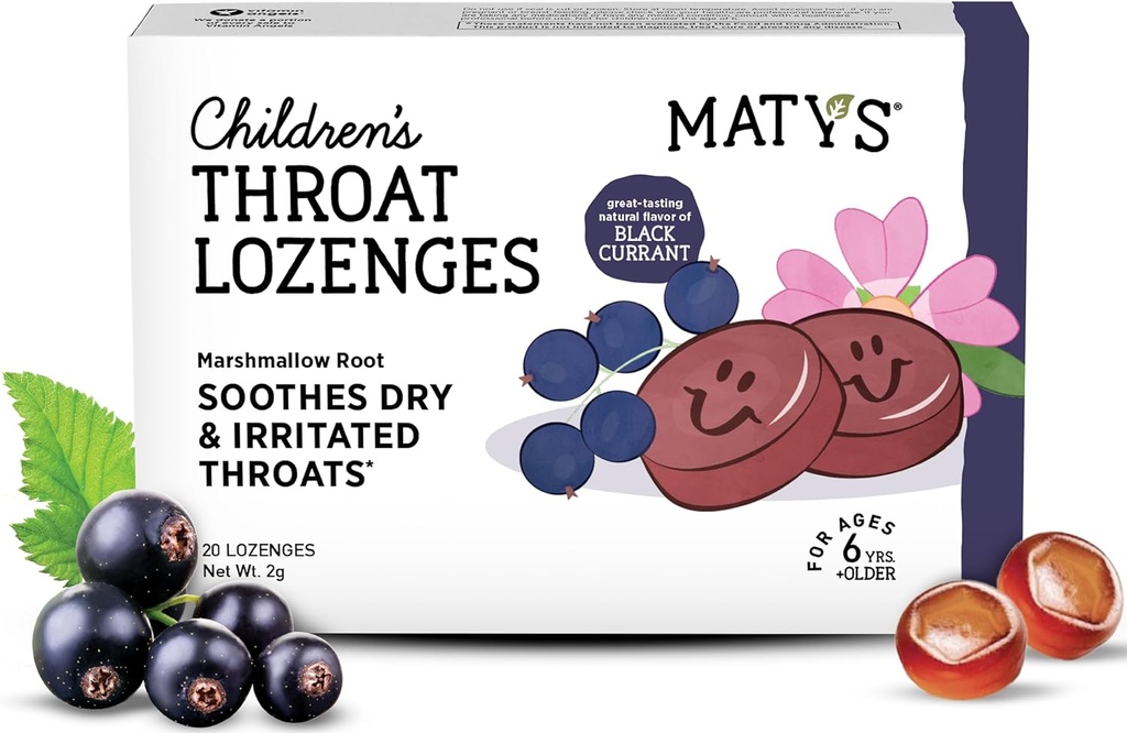 Matys Kidsגרון Lozenges במשך שנים 6 שנים זקן +, Tasty Black Currant Flavor, Soothe יבש ו Irritated גרוןs & Voices עם Marshmallow Root, סוכר חינם, טבעוני, Dye חינם, אלכוהול חינם, 20 Count חינם, ספירה חינם, 20