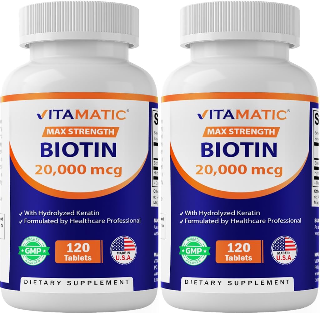 Vitamatic High Potency Biotin 20000 mcg (20 מ"ג) עם Keratin 100 מ"ג - 120 טבליות צמחוניות - תוספי ביוטין עבור שיער בריא וציפורים למבוגרים (120 Count (Pack של 2))