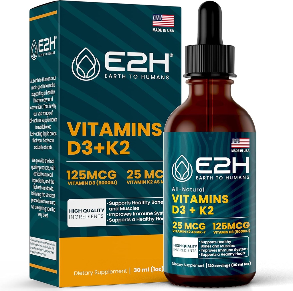 E2H ויטמינים D3 & K2 תוספת לתמיכה Immune - ויטמין נוזלי D3 5000 IU - מיוצר בארה"ב - non-GMO, טבעוני - 120 משרתים
