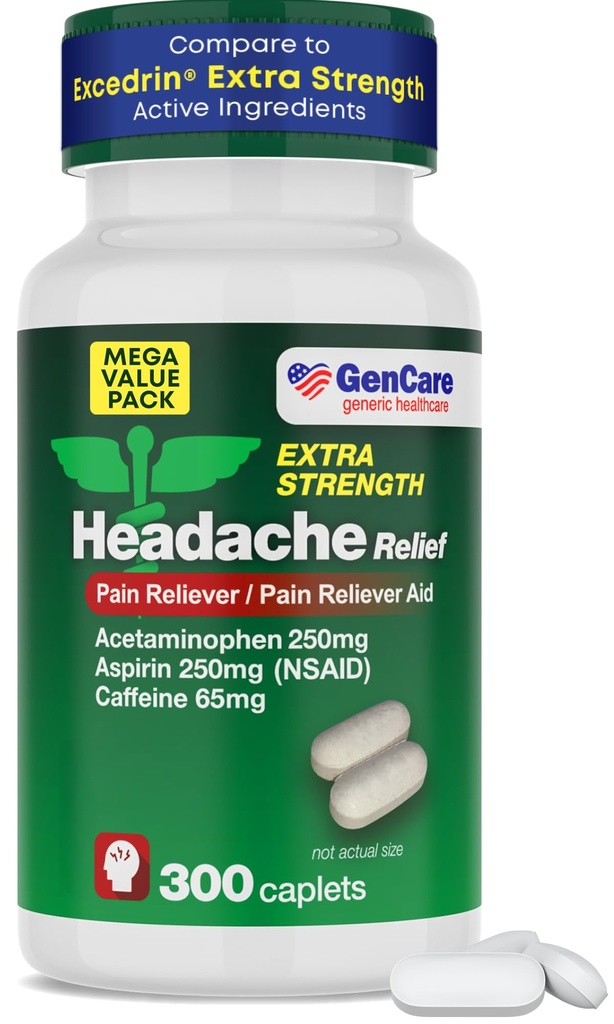 GenCare - Headache Relief Acetaminophen עם Aspirin (NSAID) & Caffeine (300 Caplets) Value Pack | כאבי ראש, כאבי שרירים, כאבי גב וגוף | Generic AugedrEn תוספת כוח