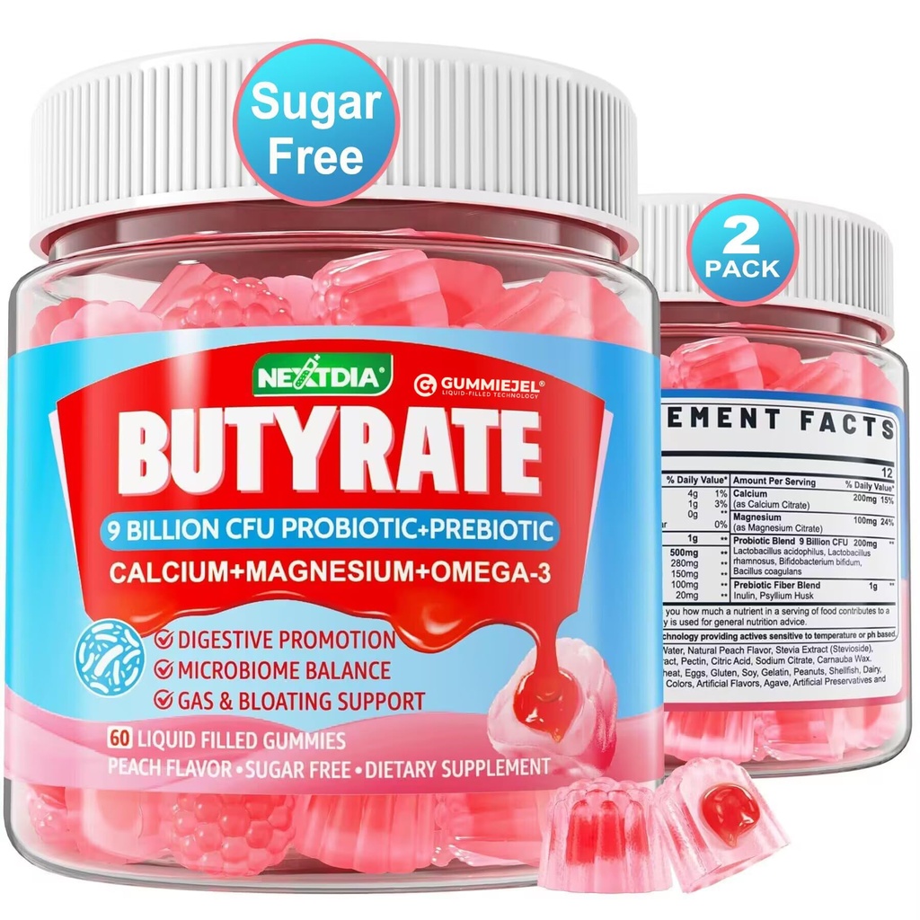 Butyrate Gummies with Probiotic + Prebiotic + Postbiotic, אומגה 3 500 מ"ג,9 מיליארד CFU Probiotics עם סיבים, Calcium & Magnesium, Inulin, Psyllium Husk for Digestive Health,Bloating Support,Sugar Freegar Freegar