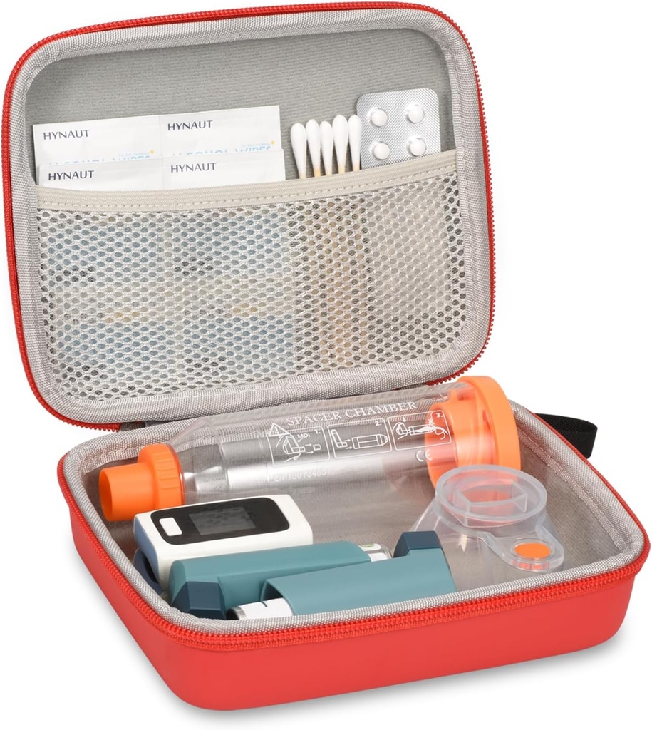 מקרה נסיעה קשה עבור Asthma Inhaler ואביזרים, עם Mesh Pocket for Medicine, Red