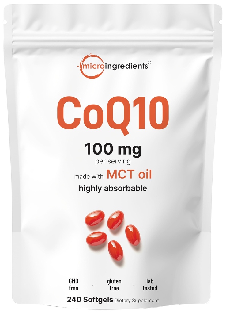Micro Ingredients CoQ10 100 מ"ג עבור שירות, 240 Softgels | Coenzyme Q10 (Ubiquinone) תוסף | Made with MCT שמן | Non-GMO, Gluten FreeFree Gluten