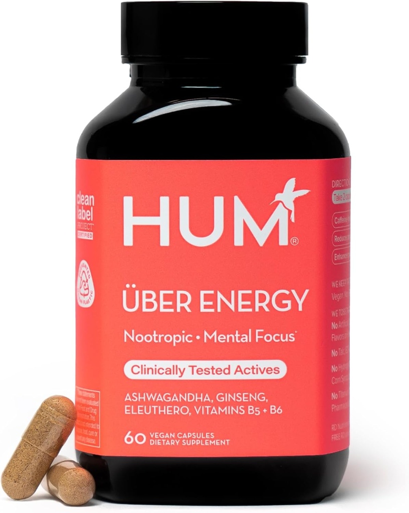 HUM Uber Energy Adrenal Energy Support Supplement with Ashwagandha Root, גינזנג, ויטמין B6, B5, ו- Fitogens, תוספים לתמיכה בשומן Adrenal, 60 קפסולות טבעוניות