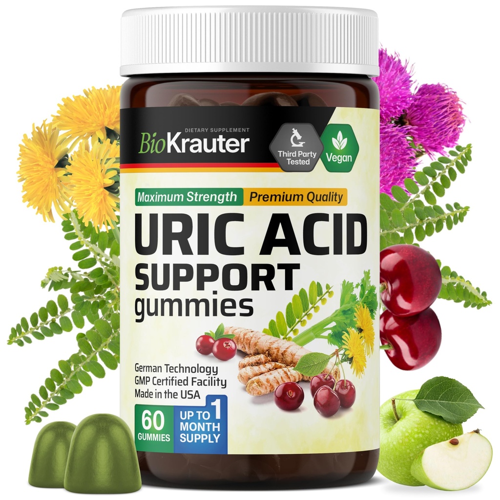 BIO KRAUTER Uric Acid תומך חניכיים - 60 צ'כיות טבעוניות - תמיכה Uric Acid w/Tart Cherry & Chanca Piedra 4:1 Extracts - Natural Kidney w/Milk Thistle ו Turmeric Turmericicial תמיכה w/Tart Cherry & Chanca Piedra 4:1 Extractdra 4:1 Extracts - Natural Kidney