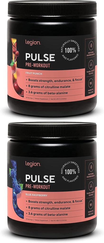 LEGION Pulse Pre Workout תוסף - All Natural Nitric Oxide Preworkout Drink to Boost Energy, Creatine Free, Sweetened, Alan Betaine, Citrulline, Alpha GPC (Fruit Punch & Blue Raspberry)