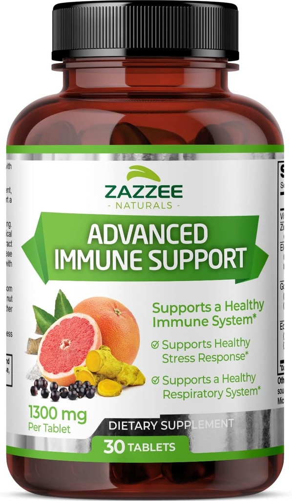 Zazzee Advanced Immune Support, 1300 מ"ג לכל Tablet, 30 טבליות טבעוניות, 30 יום אספקת, 1000 מ"ג ויטמין C, 1000 מ"ג Echinacea, 1000 מ"ג Elderberry, 200 מ"ג Goldenseal, Zinc, All-Natural ו- non-GMOMO