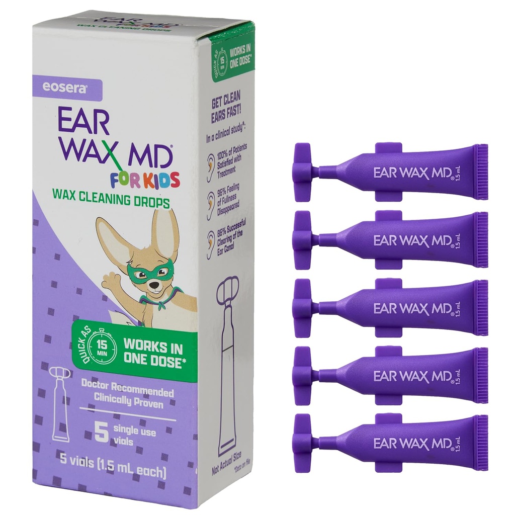 Eosera® Ear Wax MD® לילדים - טיפות ניקוי אוזניים ווקס, 5pk Vials | Fast-Acting | Breaks Down & Dissolves אוזניים Wax in as Little as 1 Treatment