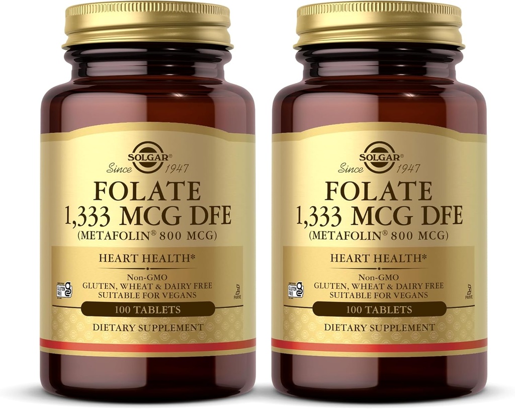 Solgar Folate 1,333 mcg DFE (Metafolin 800 mcg) - 100 טבליות, Pack של 2 - ויטמין טרום לידתי - non-GMO, Gluten Free, Milk Free, כשר - 200 שרתי Total
