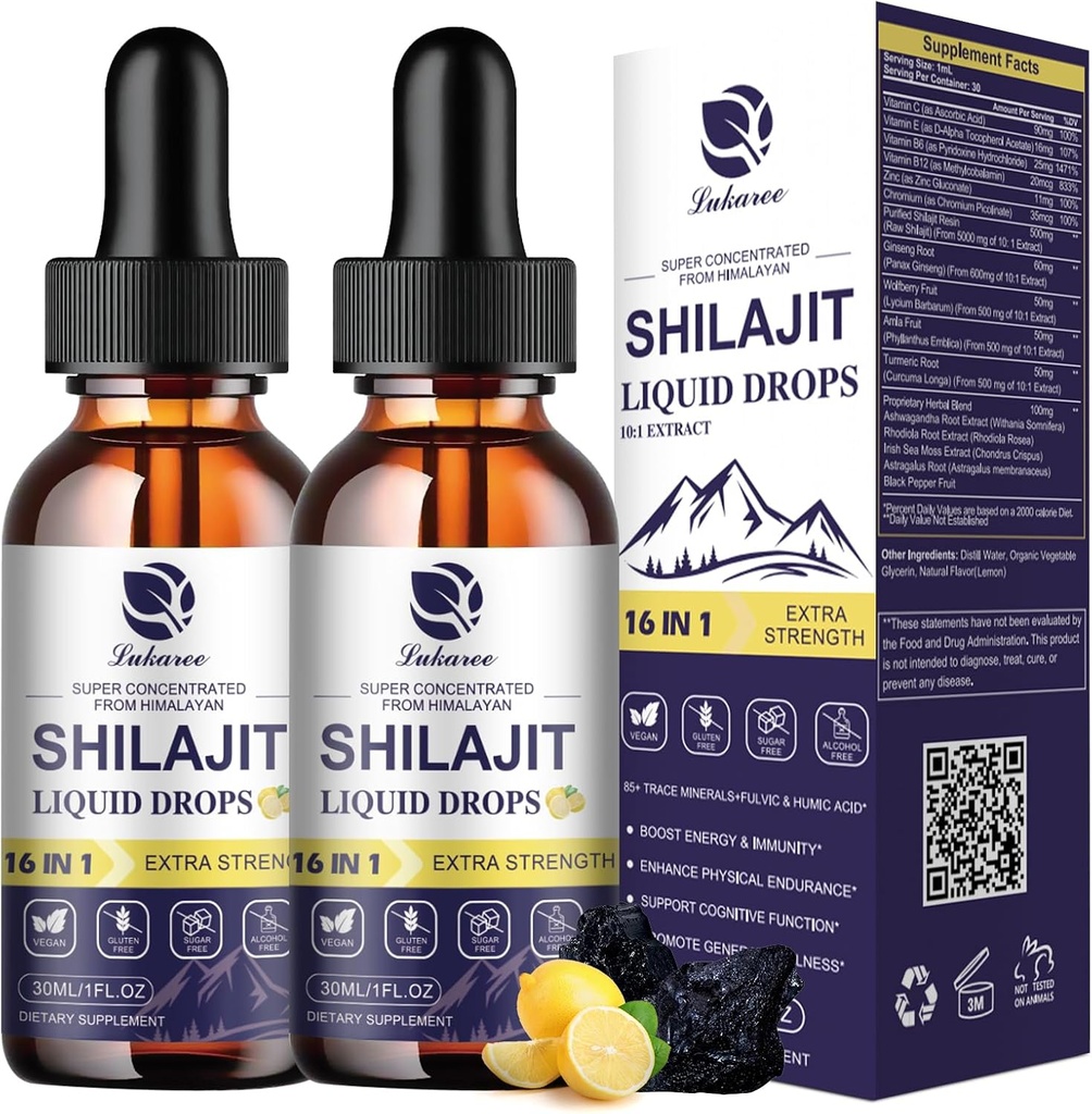 (2 Pack) Shilajit for Men & Women, 16-in-1 נוזל Shilajit Drops, Trace מינרלים, גינזנג, Turmeric, Ashwagandha, Immune Support, Energy Boost & Joint Health, 2 FL. Oz. Oz.