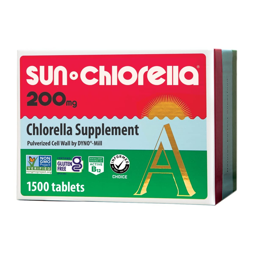 Sun Chlorella 200 מ"ג ירוק Algae Superfood תוסף - Pulverized Cell Wall - Chlorophyll, CGF, Active B12, ברזל, חלבונים - non-GMO - 1500 Tablet