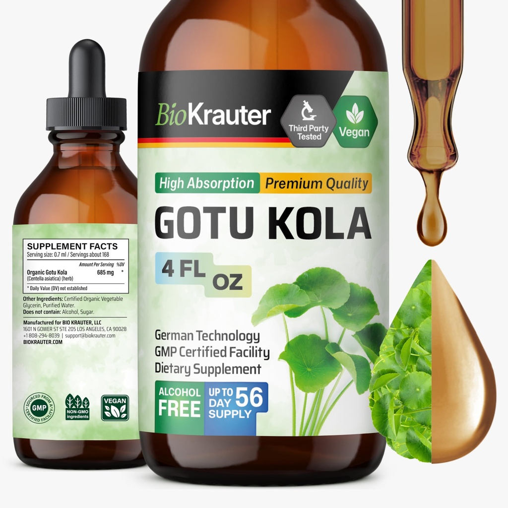 BIO KRAUTER Gotu Kola Tincture - תמצית Centellatica - אלכוהול וסוכר חינם Gotu Kola Extracts 4 Fl.Oz.
